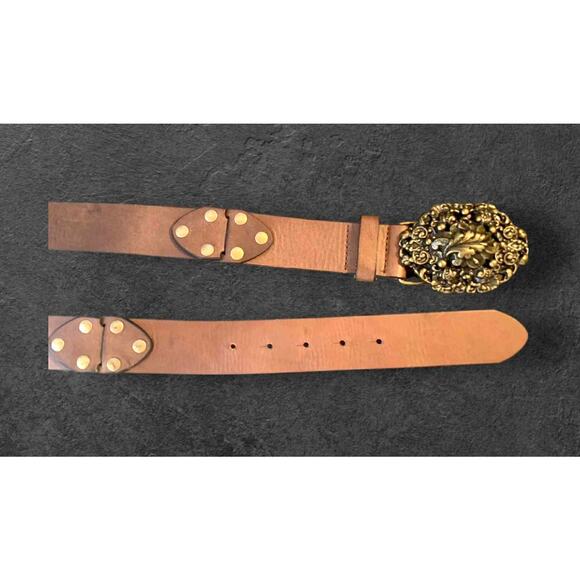 Vintage Brown Leather Cabi Belt Size M Large Oval Brass Ornate Buckle Adjustable - Picture 3 of 5